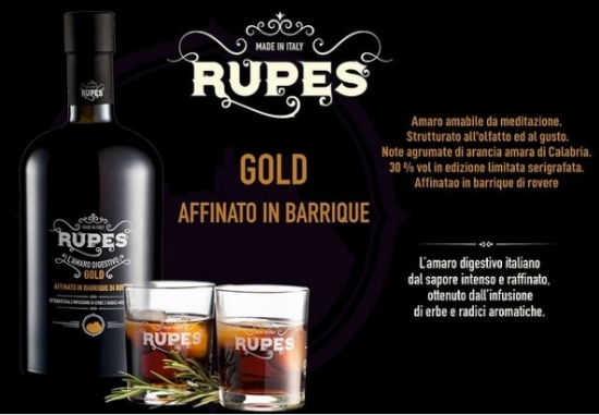 Confezione Amaro Rupes GOLD Digestivo Edizione Limitata 70 cl + 2 Bicchieri  + T-Shirt Rupes